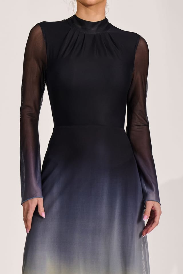 Jolie Moi Jolie Moi Women's Long Sleeve High Neck Mesh Dress in Jet Black - 3