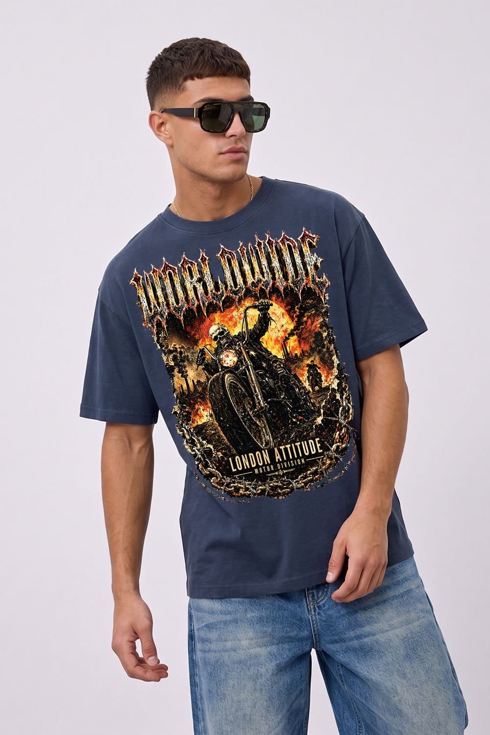 LONDON ATTITUDE LONDON ATTITUDE Men's Worldwide Skull Biker Oversized Heavyweight Graphic T-Shirt in Blue