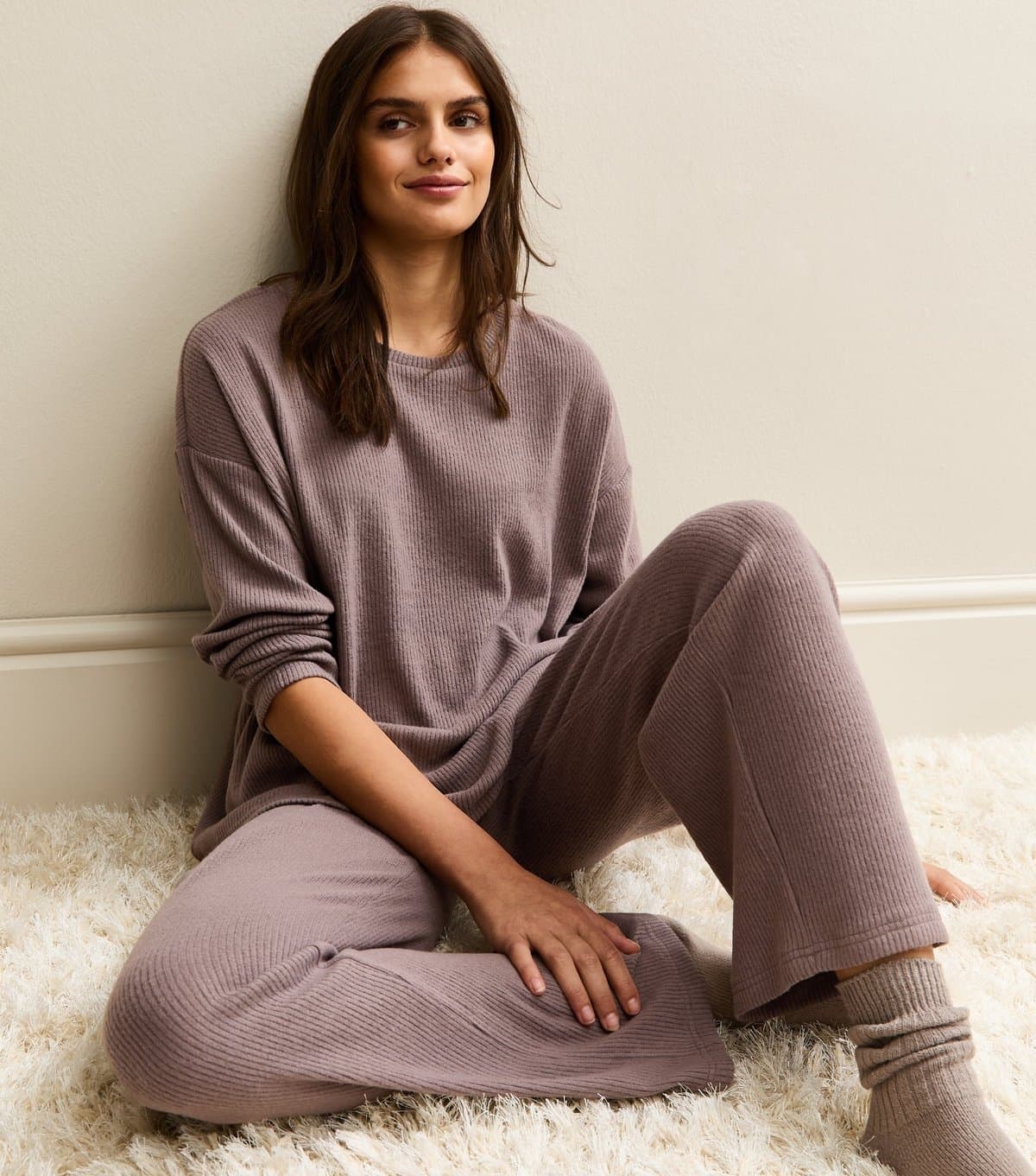 New Look Women's Mink Brushed Ribbed Wide Leg Trousers New Look