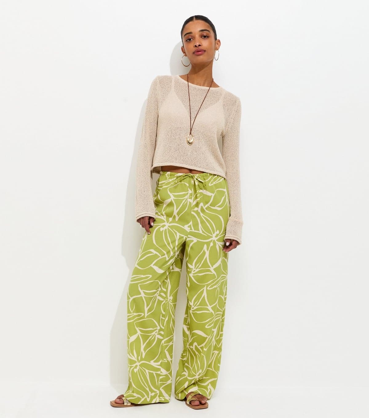New Look Women's Green Crepe Sketch Floral Print Wide Leg Trousers New Look