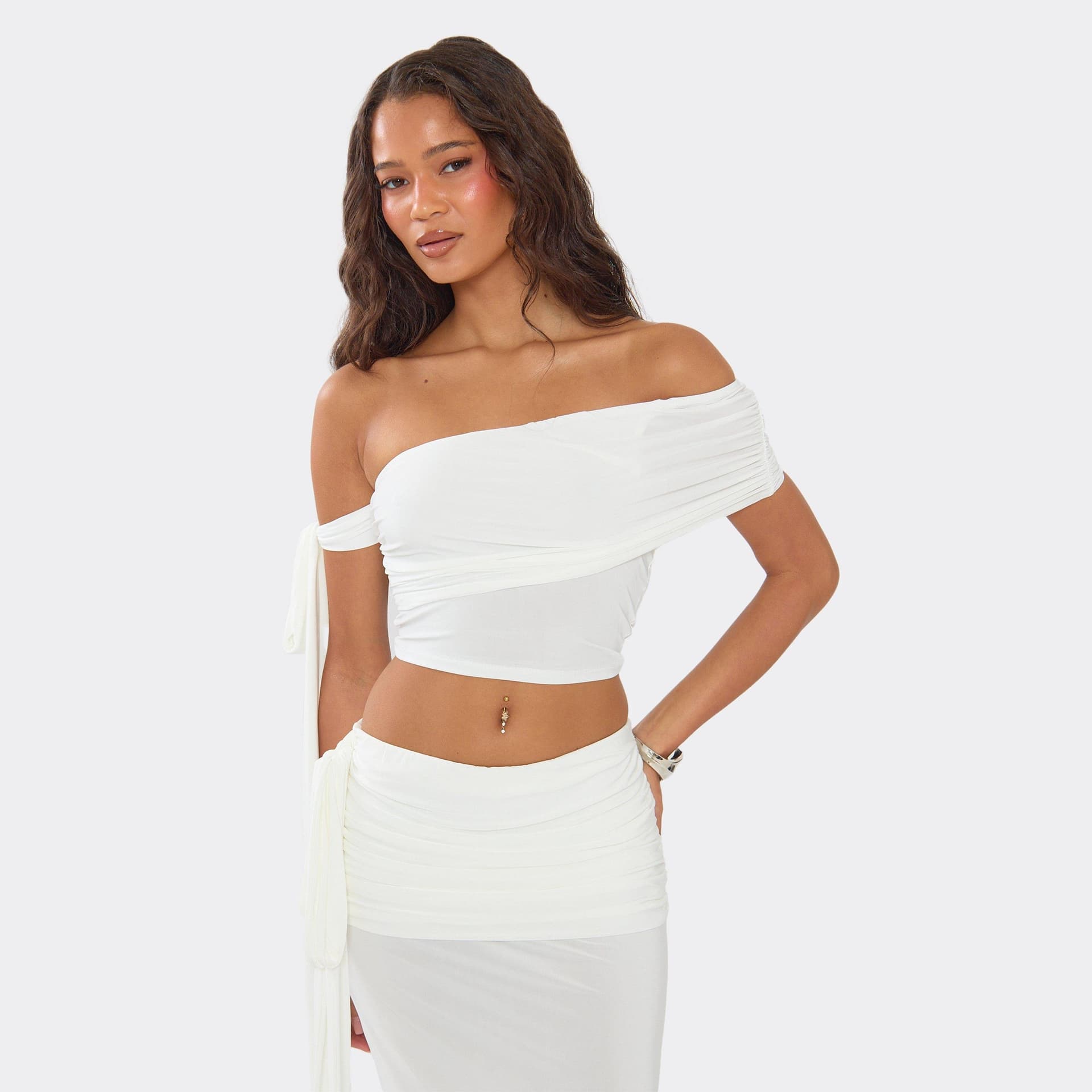 EGO Off The Shoulder Tie Detail Crop Top In Cream Slinky, Women's Size UK 6