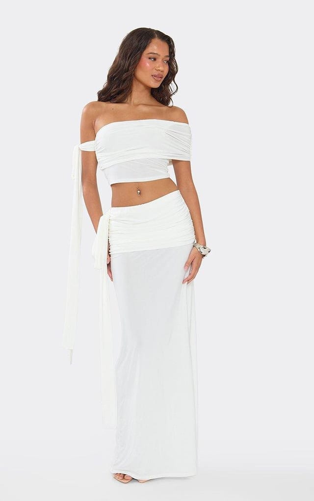 EGO Off The Shoulder Tie Detail Crop Top In Cream Slinky, Women's Size UK 6 - 2