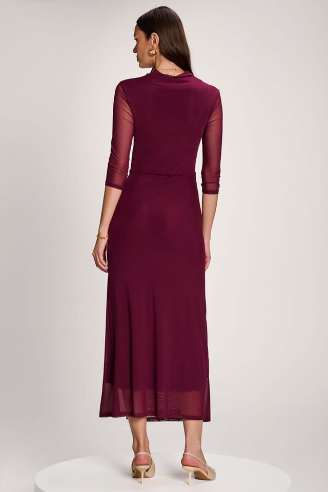 Jolie Moi Jolie Moi Women's High Neck 3/4 Sleeve Mesh Maxi Dress in Purple - 2