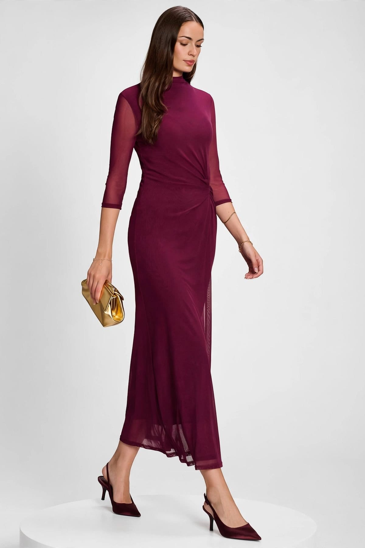 Jolie Moi Jolie Moi Women's High Neck 3/4 Sleeve Mesh Maxi Dress in Purple - 4