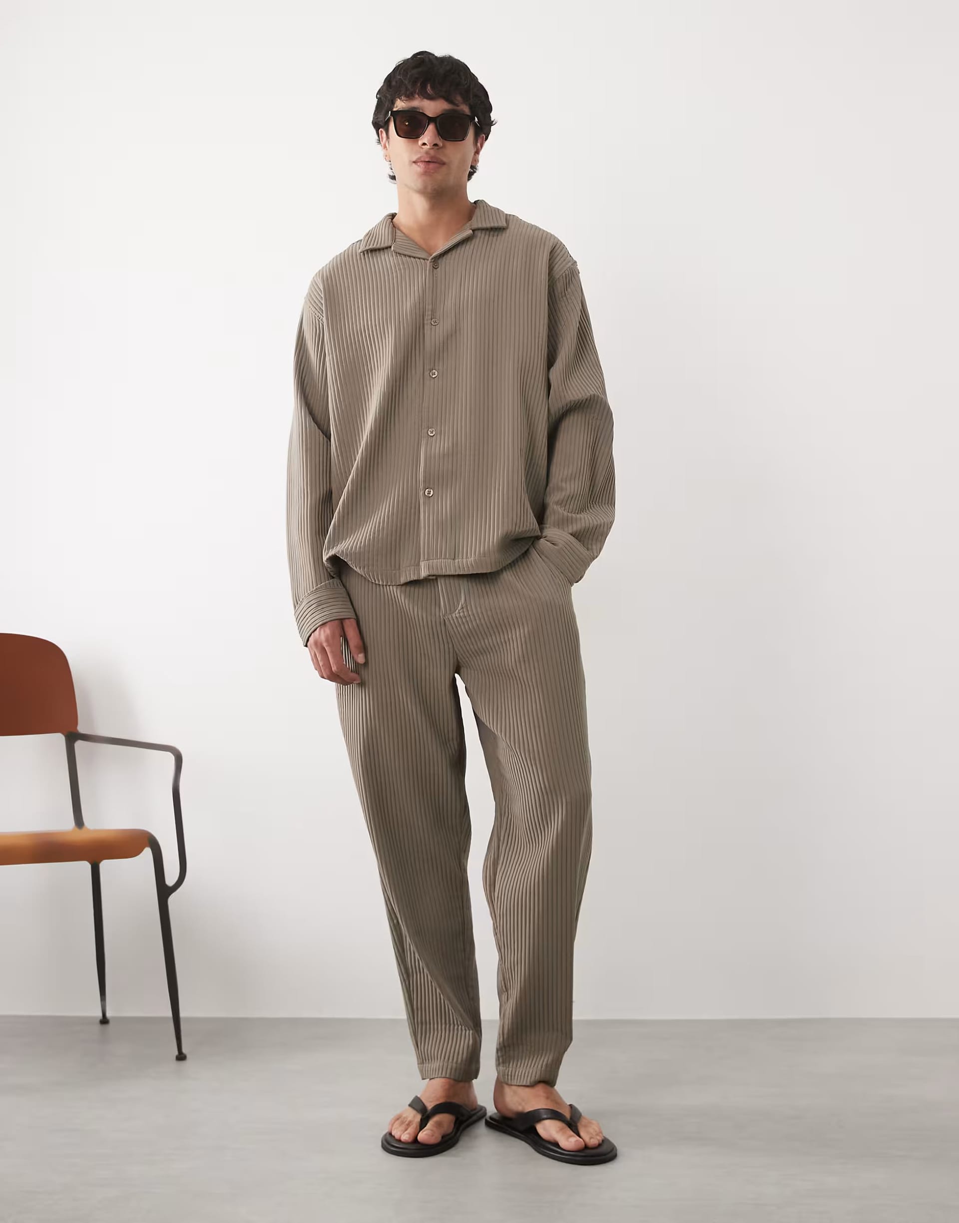 ASOS DESIGN Brown Ribbed Co-ord Trousers in Tapered Fit