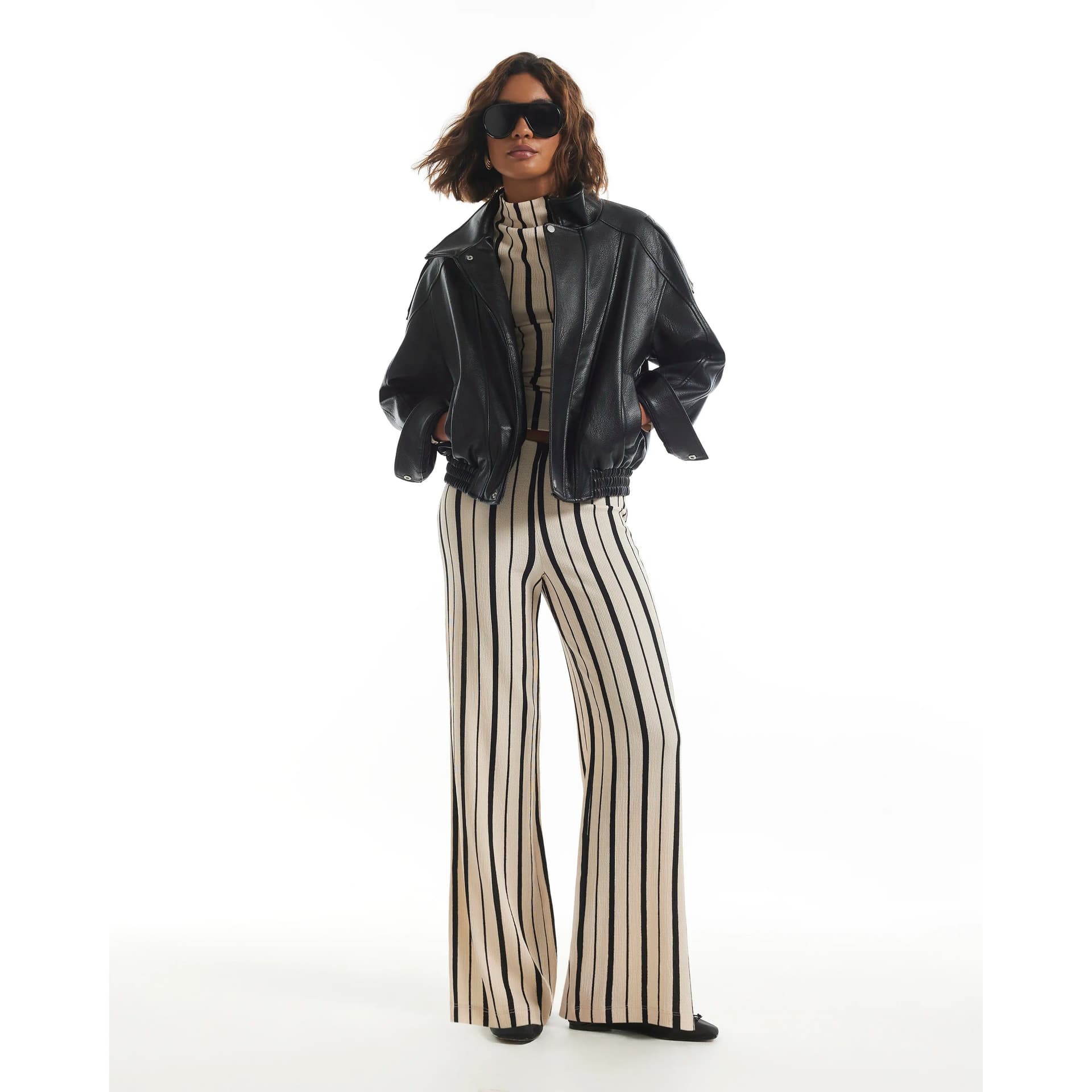 River Island River Island Womens Black Stripe Wide Leg Shirred Trousers