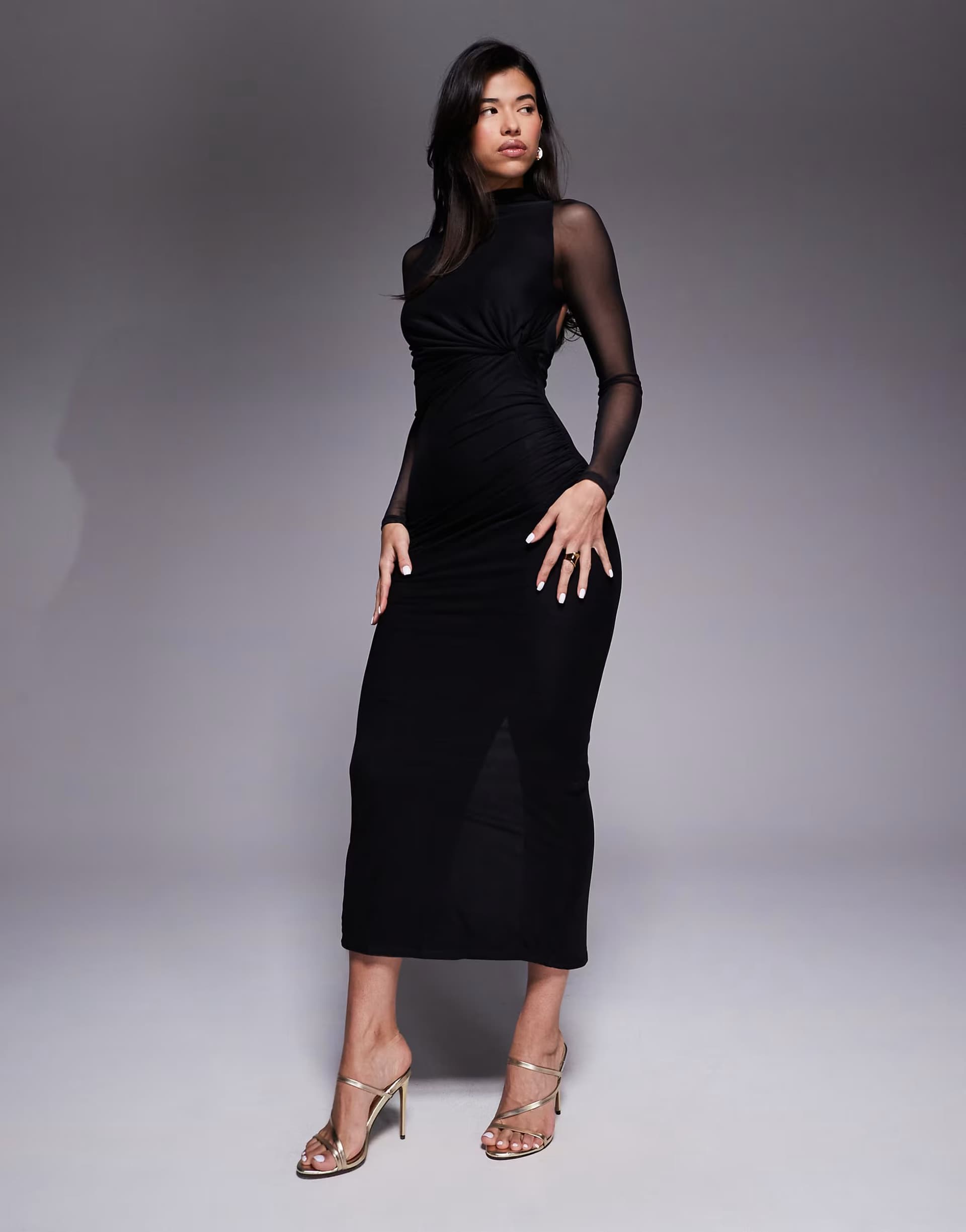 ASOS ASOS DESIGN mesh long sleeve twist bust detail halter maxi dress in black