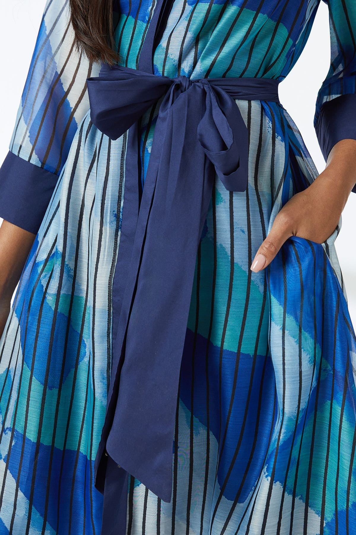 Wallis Wallis Women's Belted Contrast Detail Collarless Shirt Dress in Blue - 4