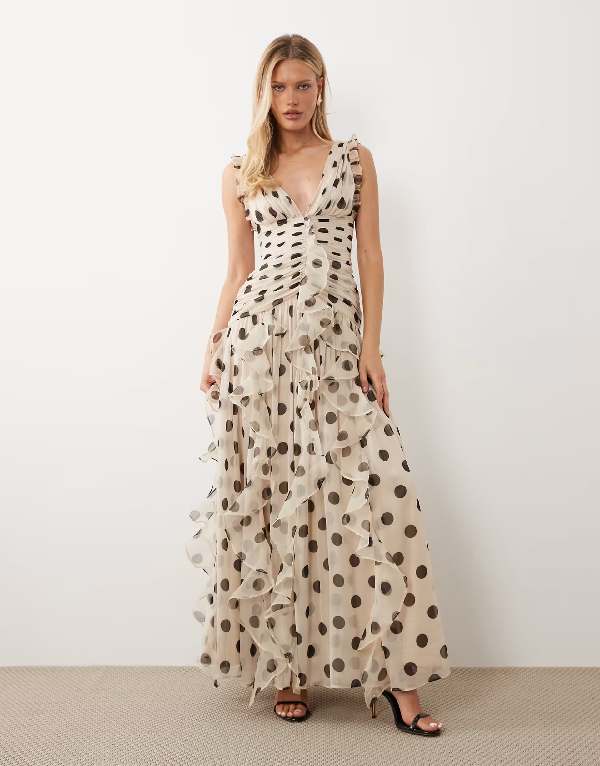 ASOS ASOS LUXE ruched maxi dress with waterfall detail in brown polka dot