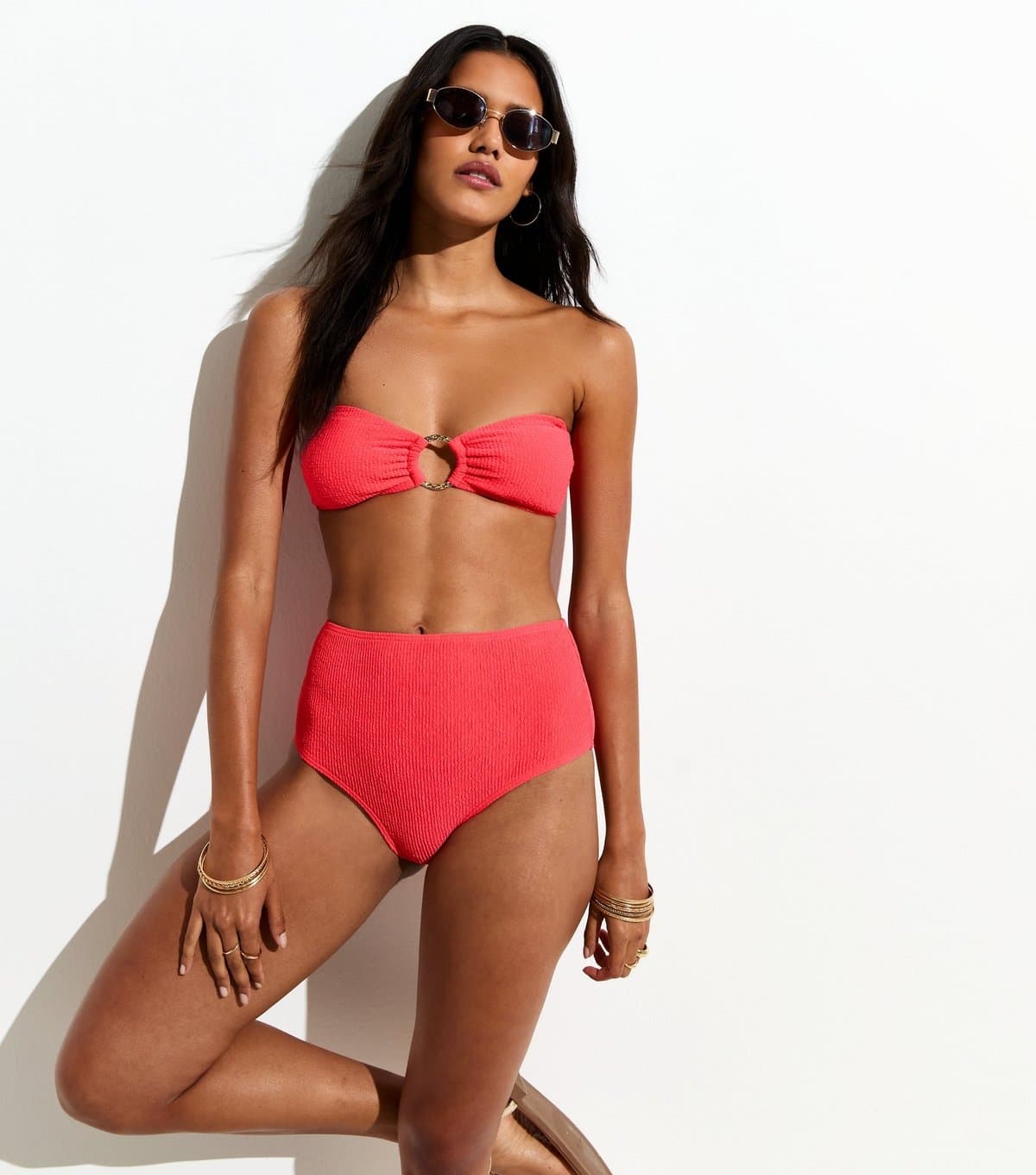 New Look New Look Coral Crinkled High Waist Bikini Bottoms