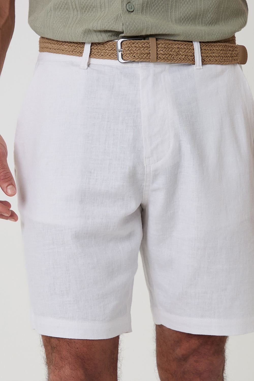 Threadbare Threadbare Men's Linen Blend Shorts with Belt in White - 4