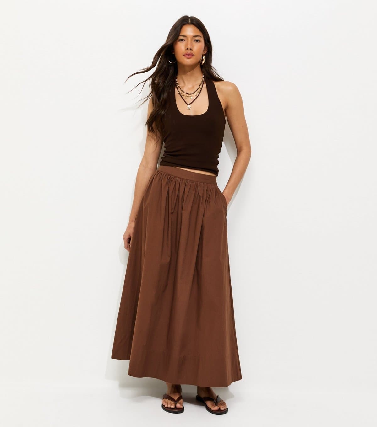New Look Women's Brown Poplin Circle Skirt New Look