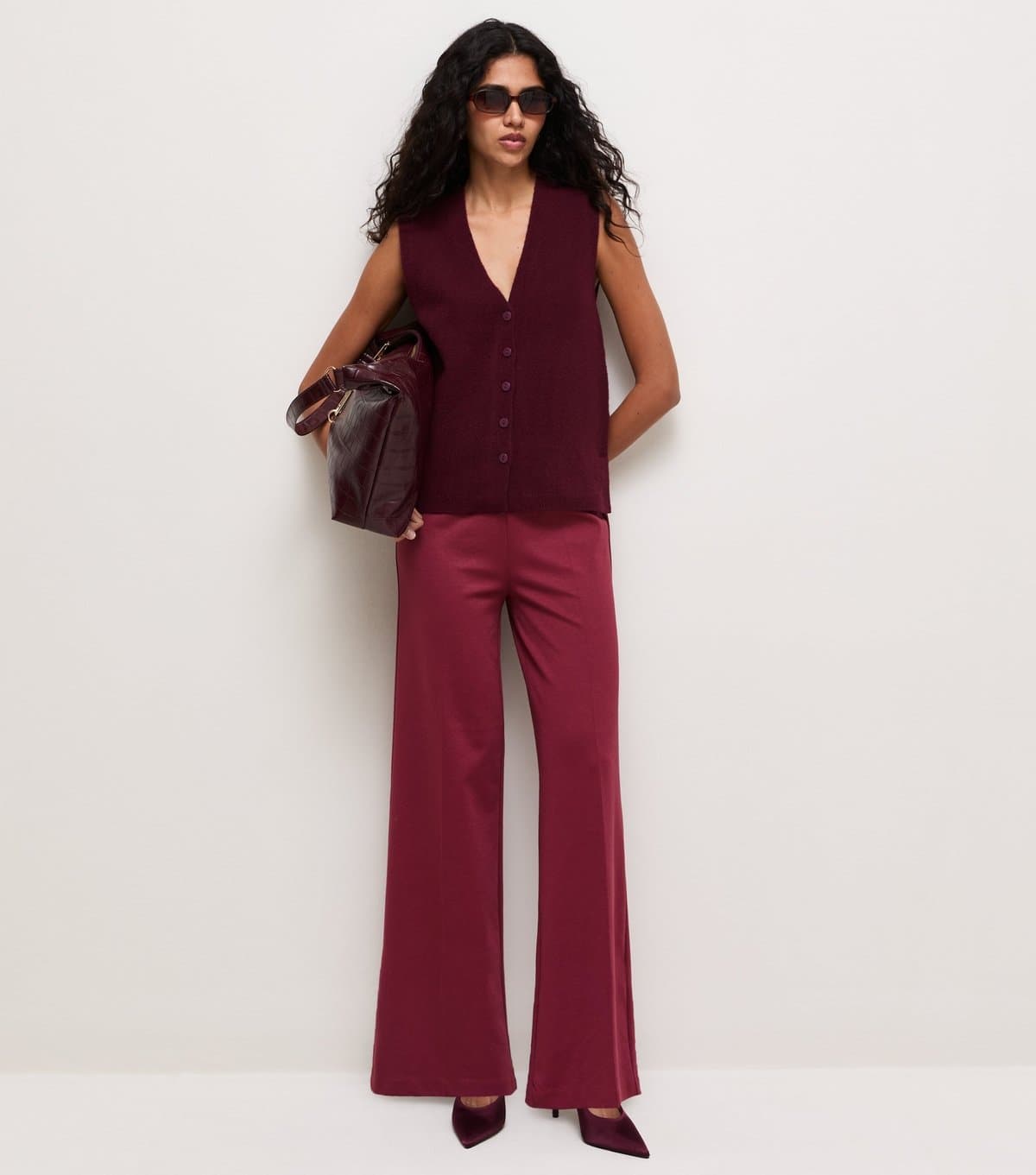 New Look Women's Dark Burgundy Wide Leg Jersey Trousers New Look