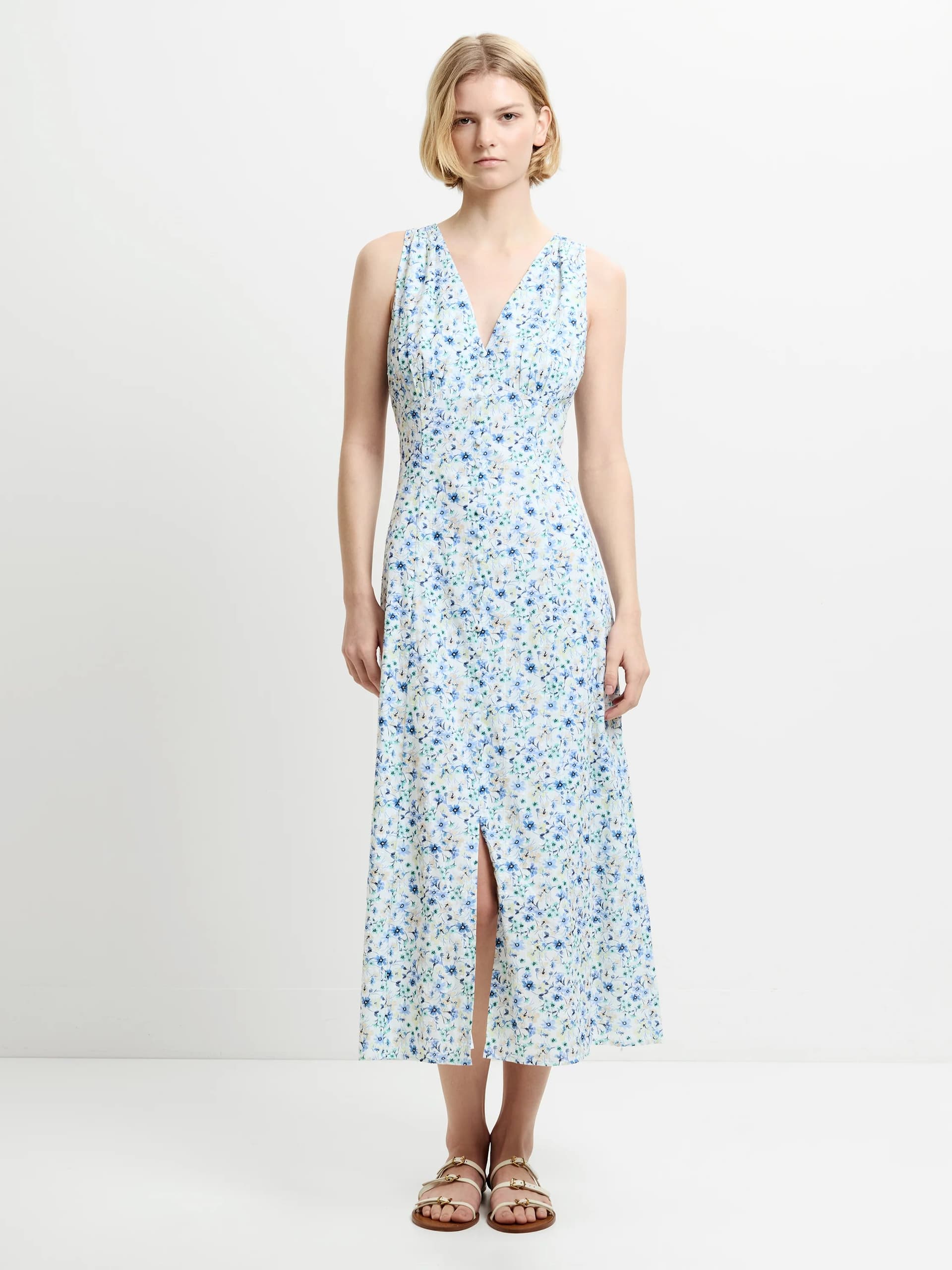 French Connection Minnie Rosalind Midi Dress Ivory Multicoloured Blue Floral Print