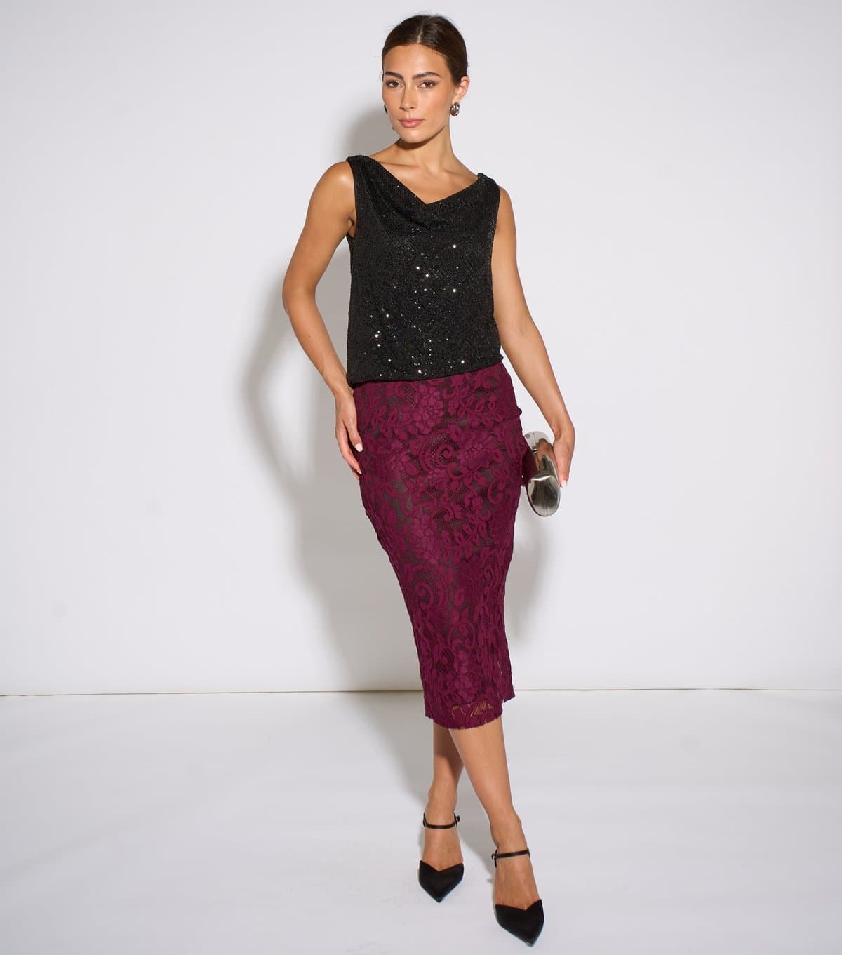 Gini London Women's Dark Burgundy Lace Pencil Skirt Gini London New Look