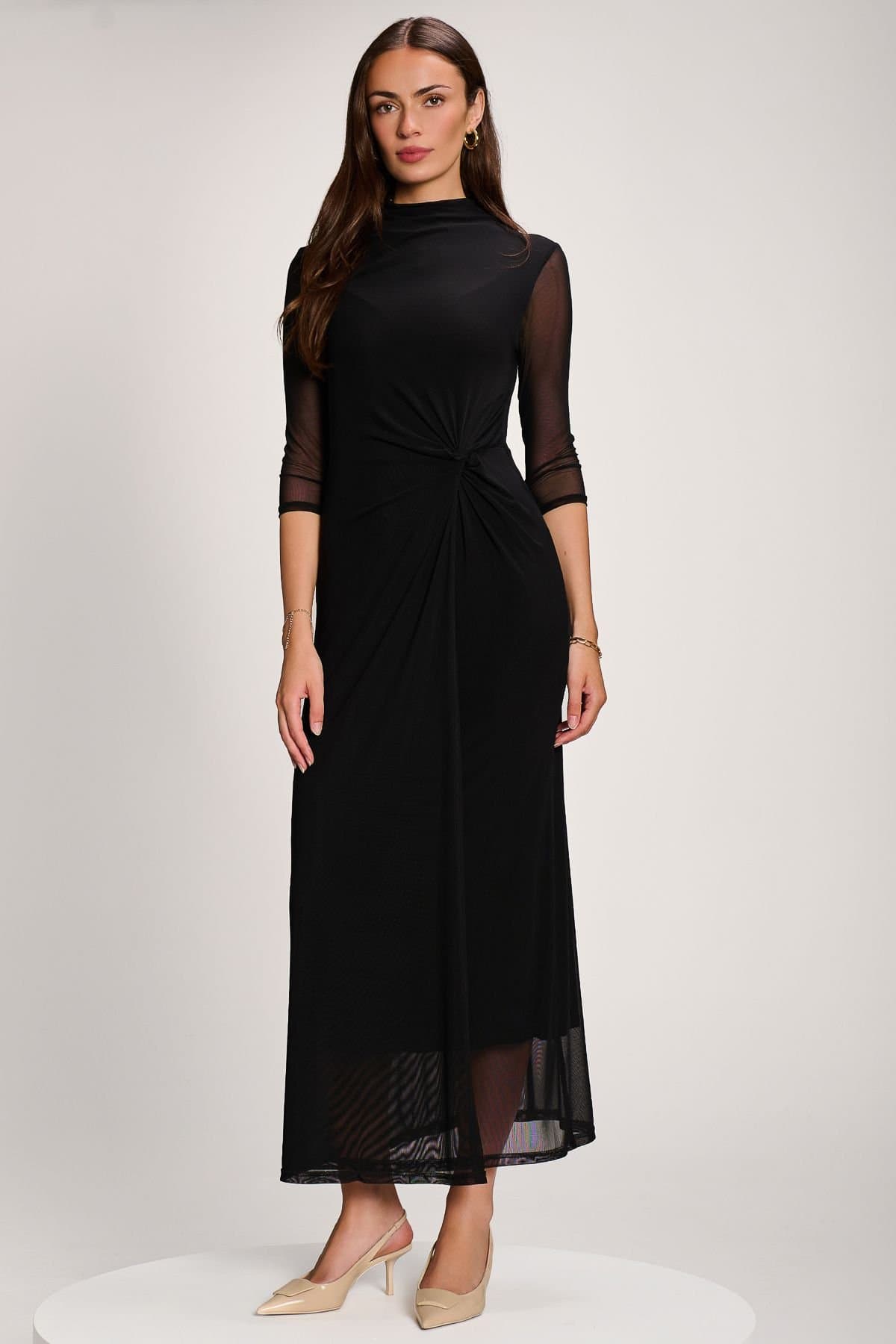 Jolie Moi Jolie Moi Women's High Neck 3/4 Sleeve Mesh Maxi Dress in Black