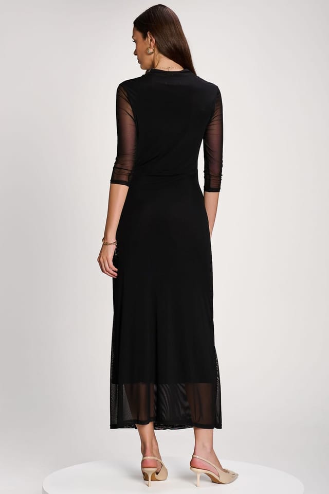 Jolie Moi Jolie Moi Women's High Neck 3/4 Sleeve Mesh Maxi Dress in Black - 2