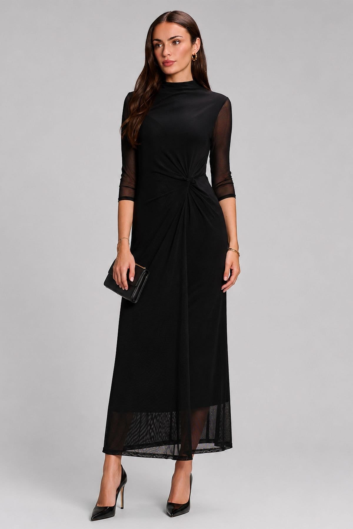 Jolie Moi Jolie Moi Women's High Neck 3/4 Sleeve Mesh Maxi Dress in Black - 4