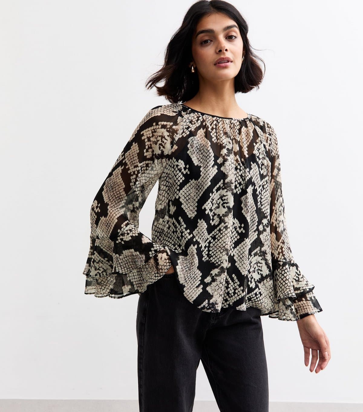New Look Women's Brown Snake Print Chiffon Top New Look