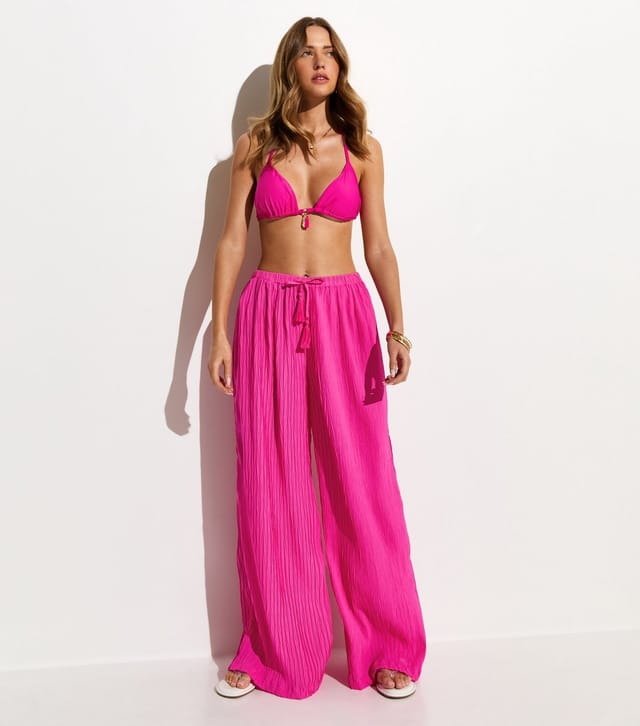 New Look Women's Dark Pink Textured Beach Wide Leg Trousers New Look - 3