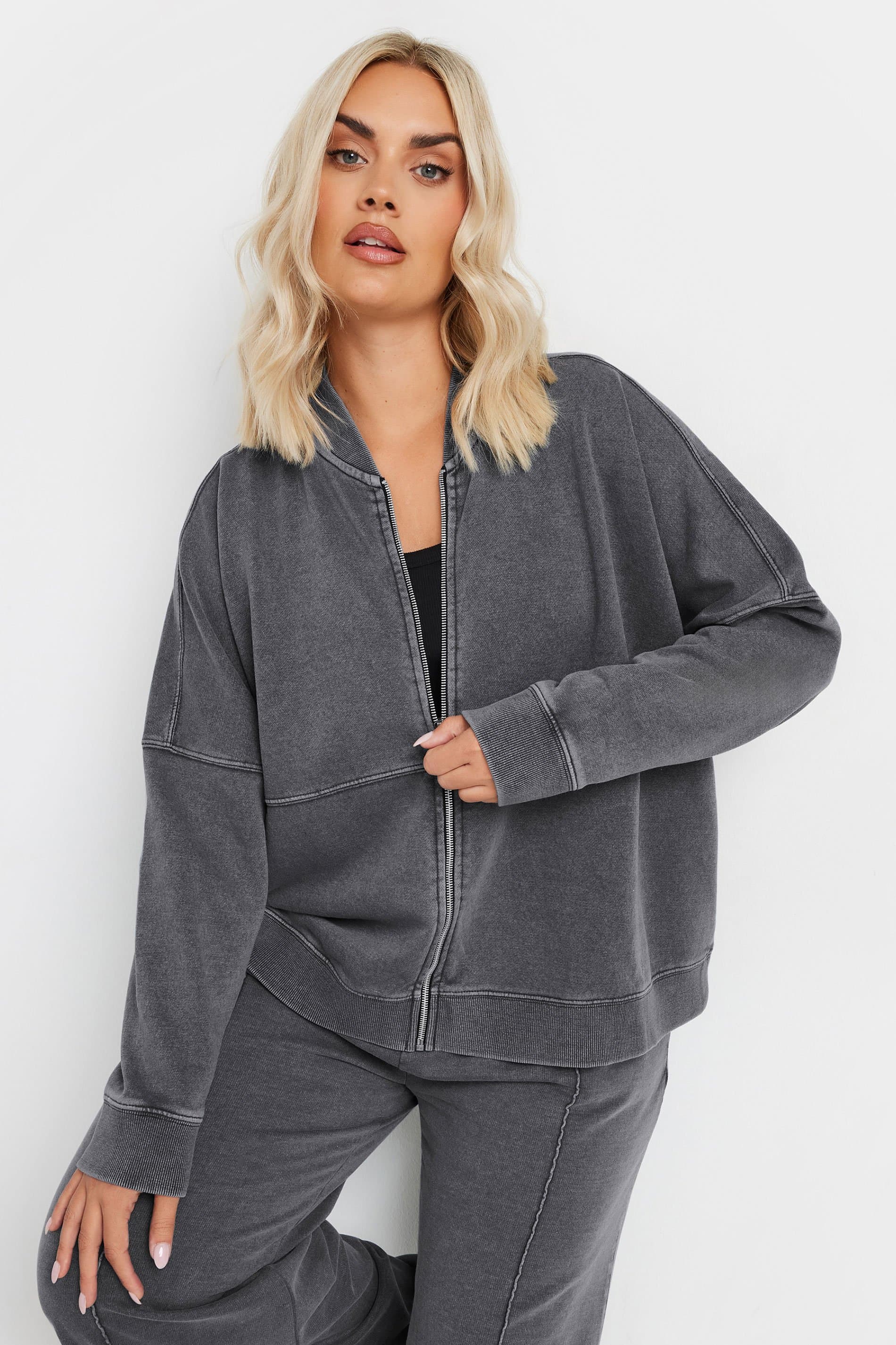 Yours Plus Size Grey Acid Wash Oversized Sweat Bomber Jacket