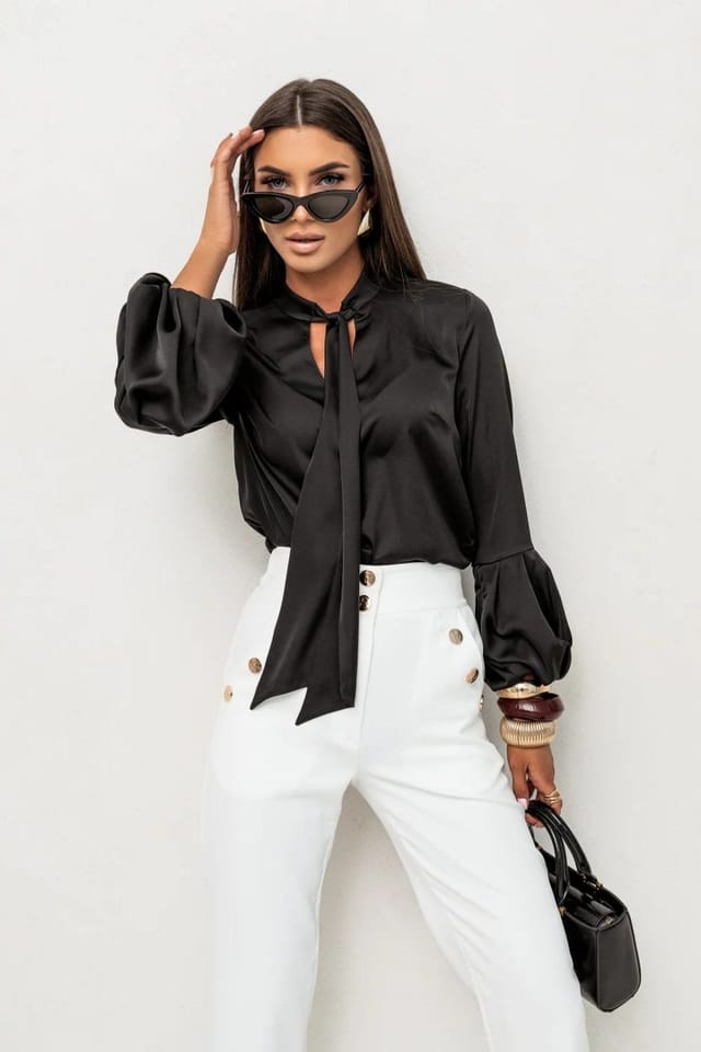 Love Lace Love Lace Women's La Balancia Vivienne Long Sleeve Satin Shirt in Black - 3