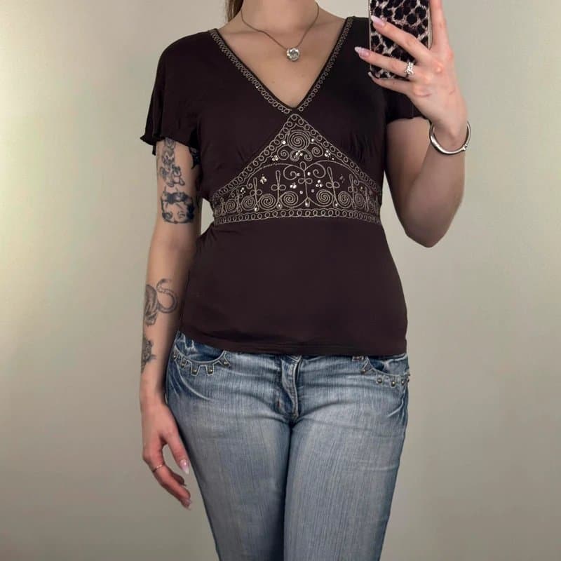 Rocha John Rocha Y2K vintage boho tie back top short sleeve v neck embroidered sequin bow stretch