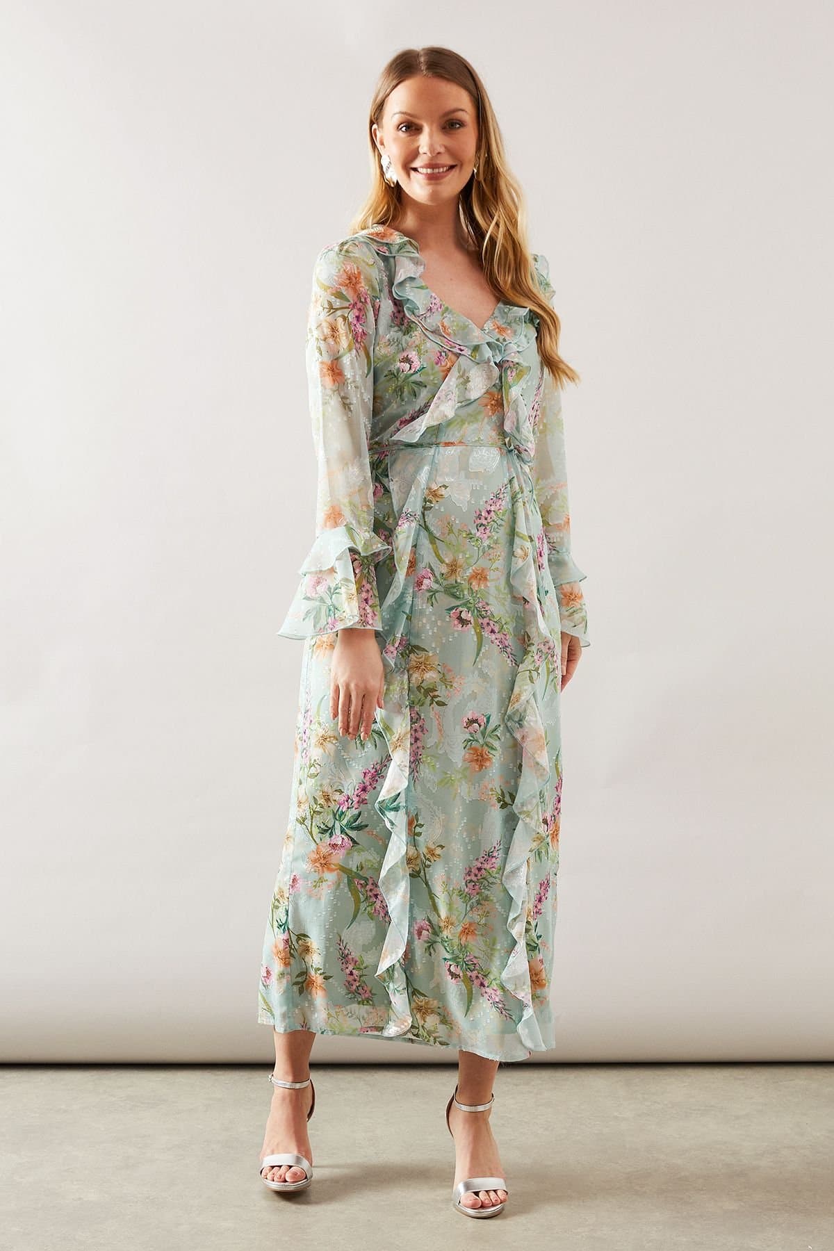 Wallis Wallis Women's Floral Ruffle Belted Midaxi Dress in Sage