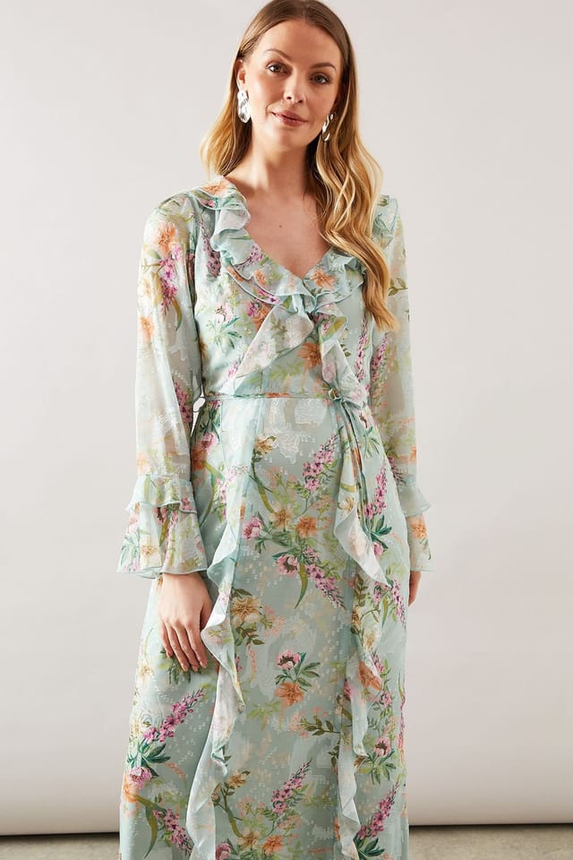 Wallis Wallis Women's Floral Ruffle Belted Midaxi Dress in Sage - 2
