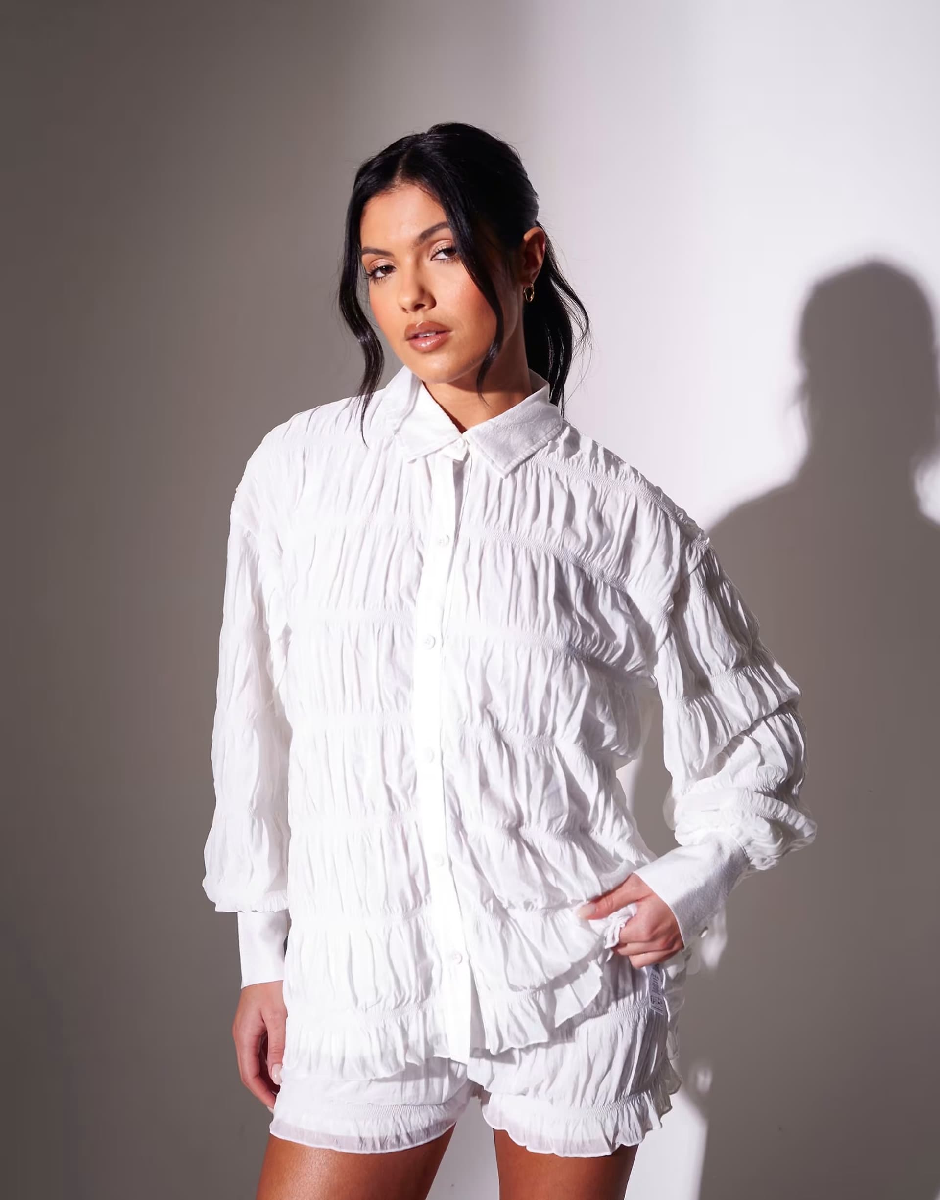 ASOS South Beach Ruched long sleeve shirt & mini shorts co ord in white