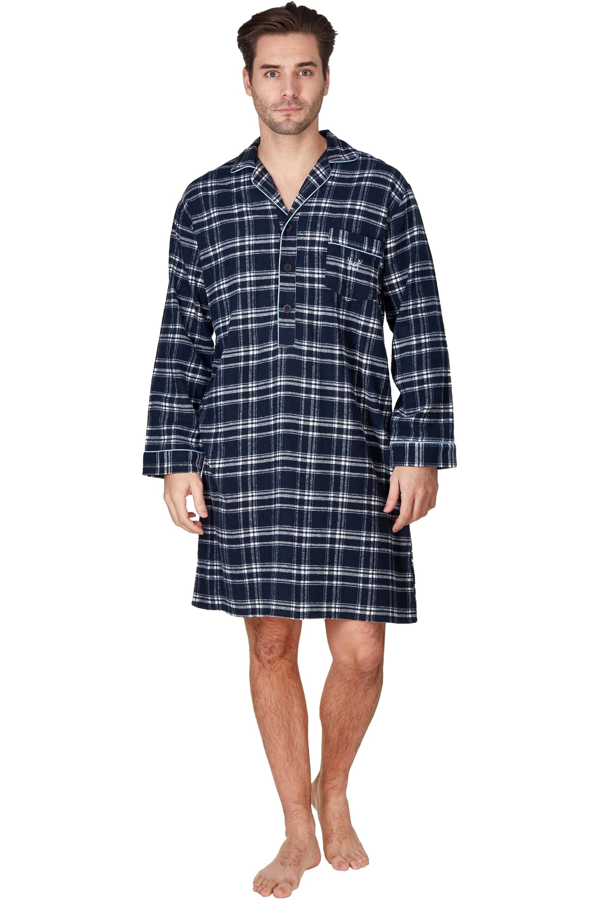 Haigman Haigman Men's Men's Yarn Dyed Twill Brushed Cotton Long Sleeve Nightshirt in Navy