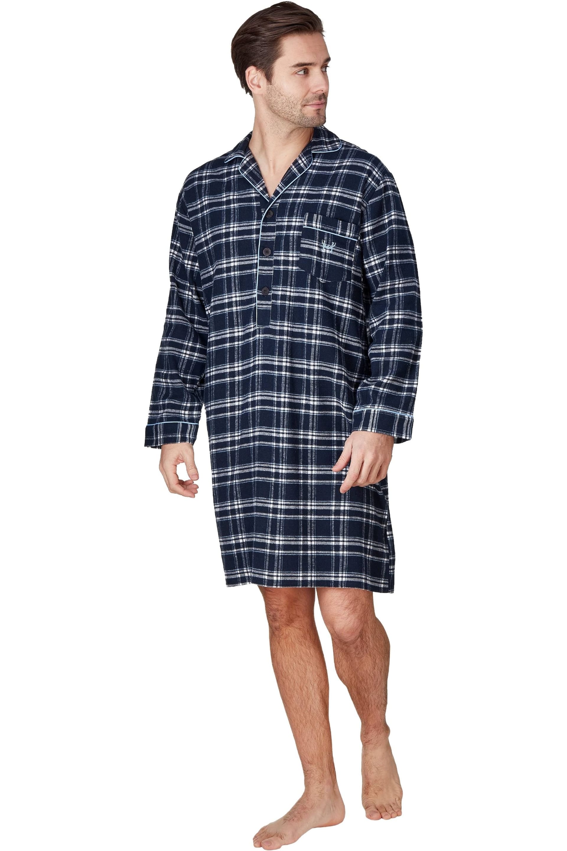 Haigman Haigman Men's Men's Yarn Dyed Twill Brushed Cotton Long Sleeve Nightshirt in Navy - 4