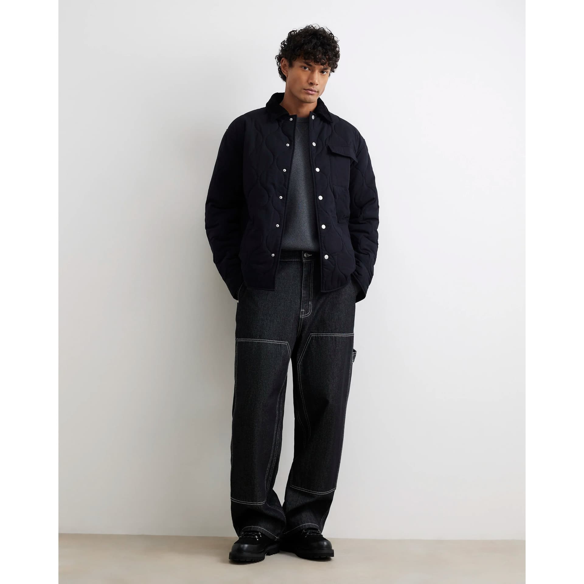 River Island Mens River Island Black Cotton Quilted Overshirt
