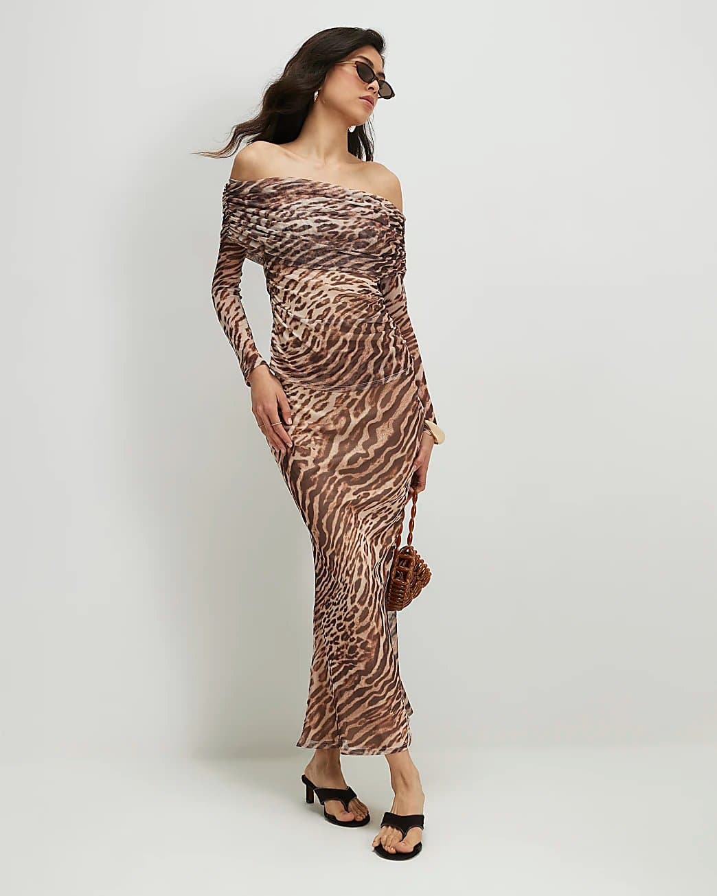 River Island River Island Womens Beige Animal Print Mesh Maxi Skirt