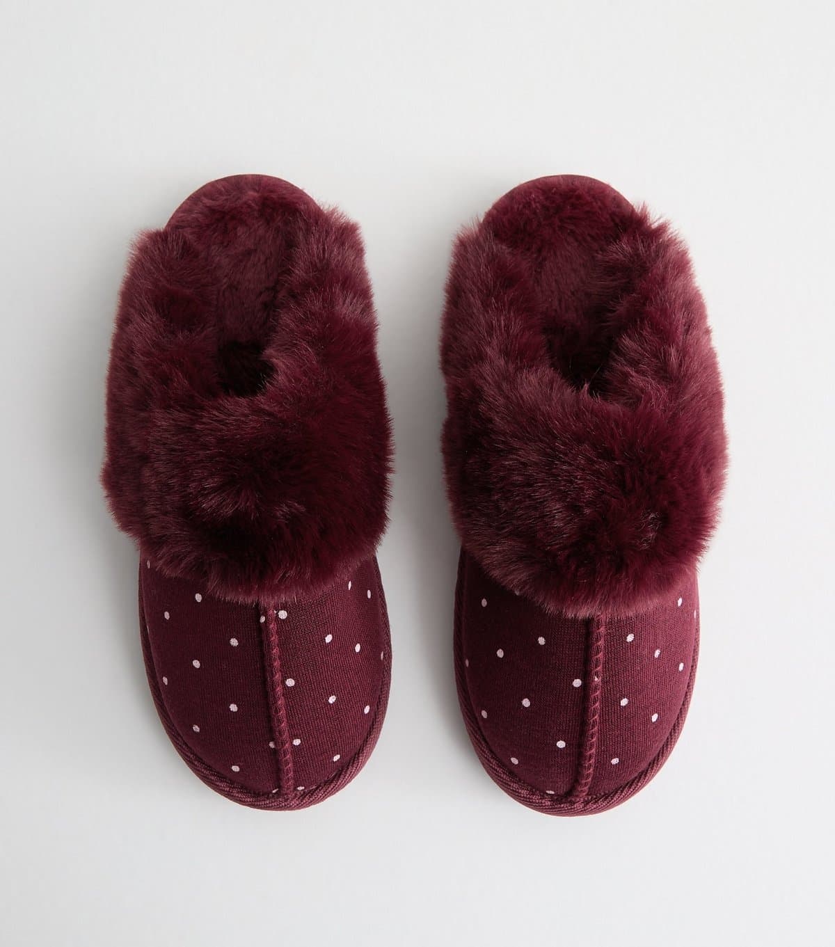 New Look Women's Dark Burgundy Faux Fur Polka Dot Mule Slippers Vegan New Look