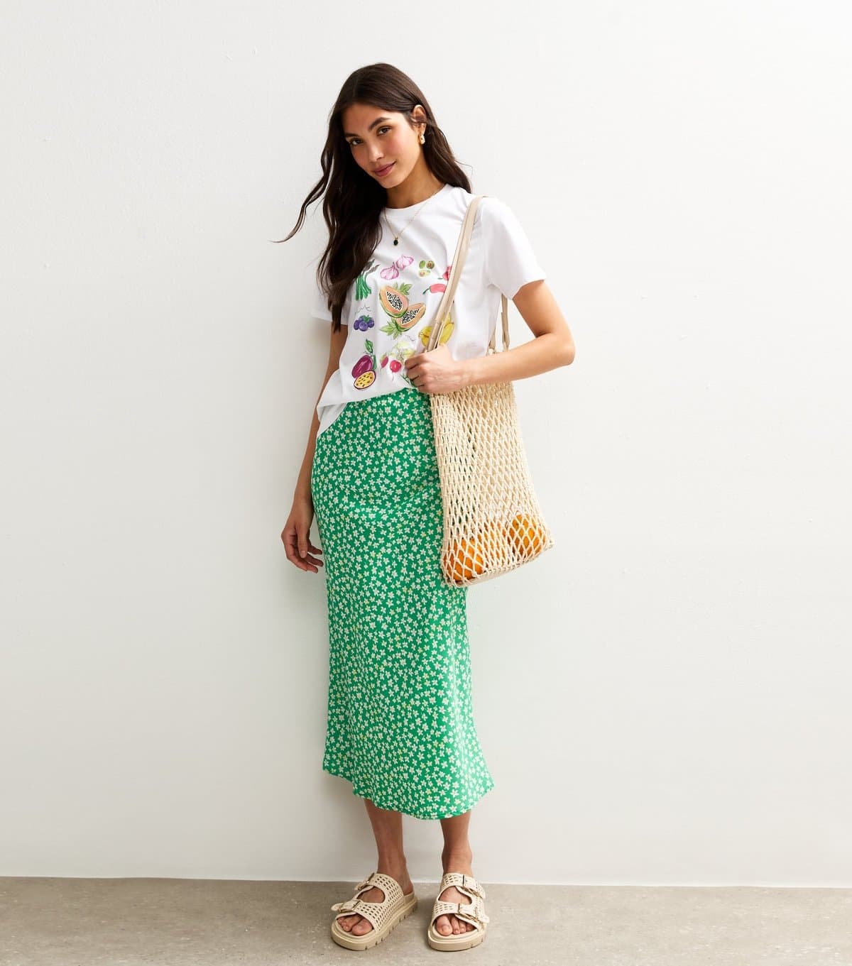 New Look New Look Green Floral Print Bias Cut Midi Skirt