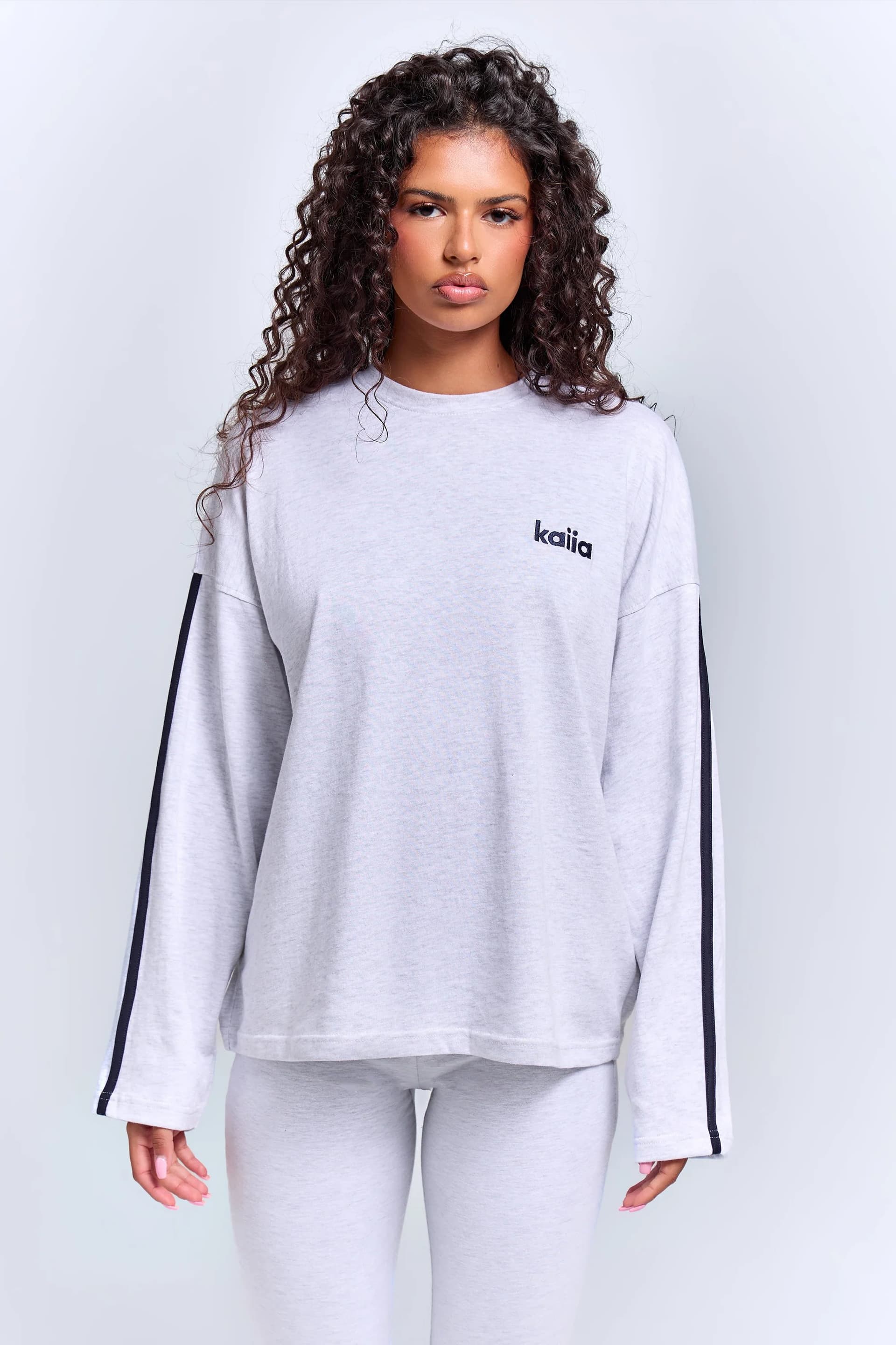Kaiia Kaiia Side Stripe Long Sleeve T-Shirt Light Grey Marl & Navy