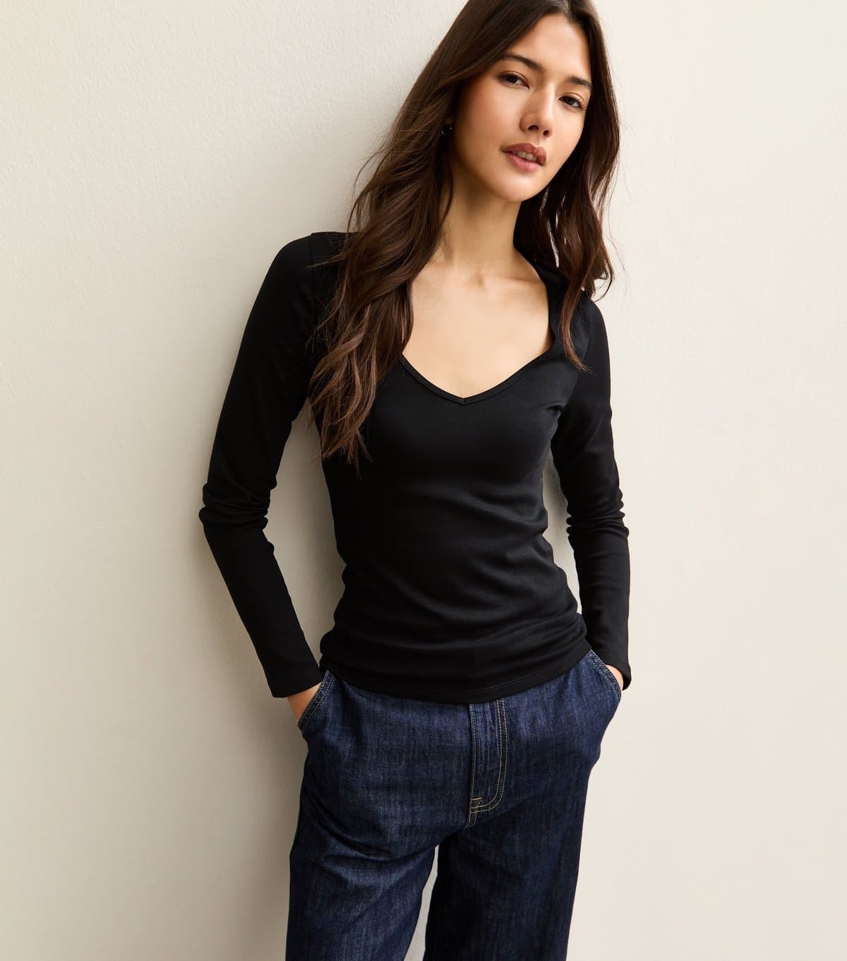 New Look New Look Black Stretch Jersey V-Neck Long Sleeve T-Shirt