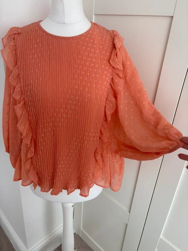 River Island River Island Petite Coral Peach Frill Pleated Chiffon Blouse Top UK 12 Boho Romantic Floaty
