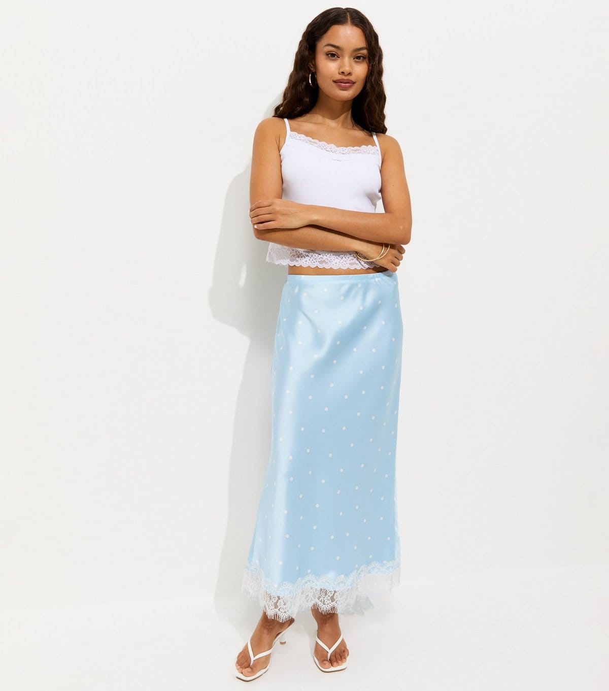 New Look Blue Spot Print Lace Trim Midi Skirt for Petite