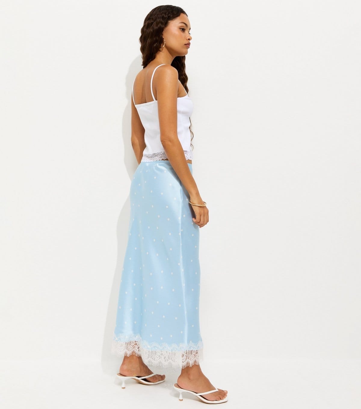 New Look Women's Petite Blue Spot Print Lace Trim Midi Skirt New Look - 4