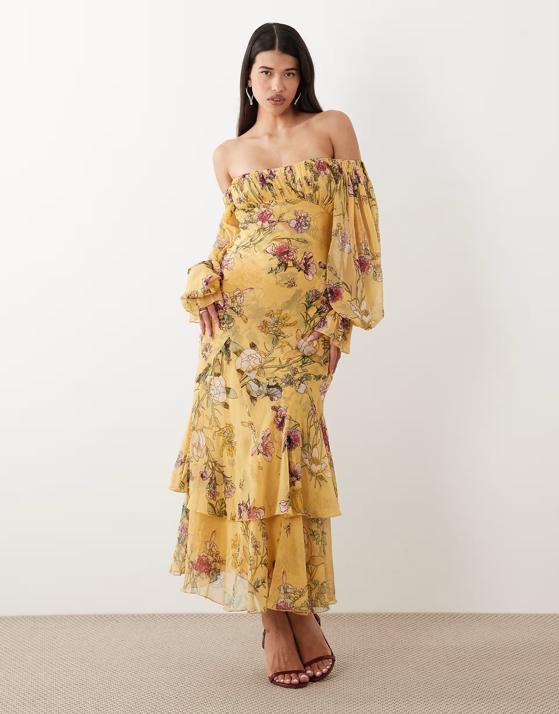 ASOS DESIGN Yellow Floral Bardot Ruffle Maxi Dress