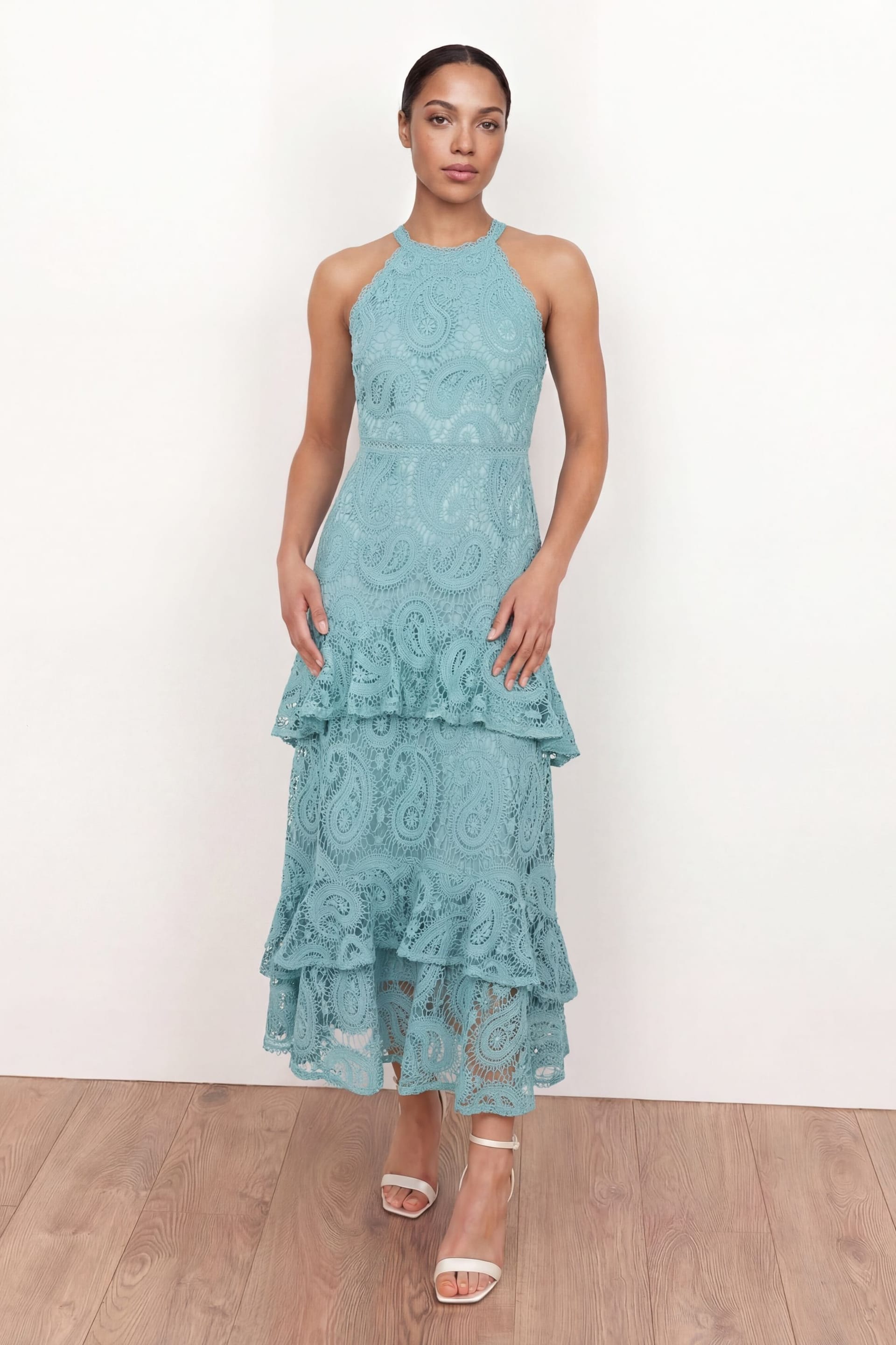Maya Deluxe Blue Paisley Lace Halter Neck Midi Dress