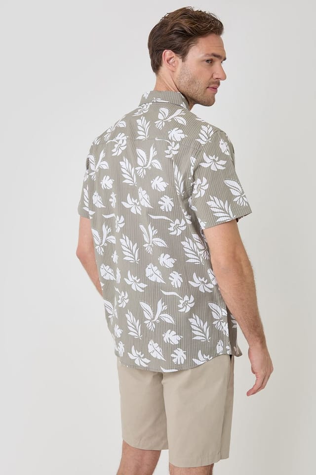 Threadbare threadbare Men's Plant Print Cotton Short Sleeve Shirt in Khaki - 2