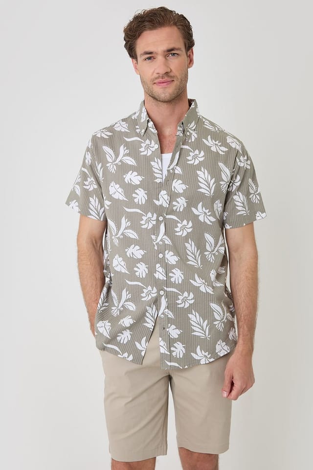 Threadbare threadbare Men's Plant Print Cotton Short Sleeve Shirt in Khaki - 3