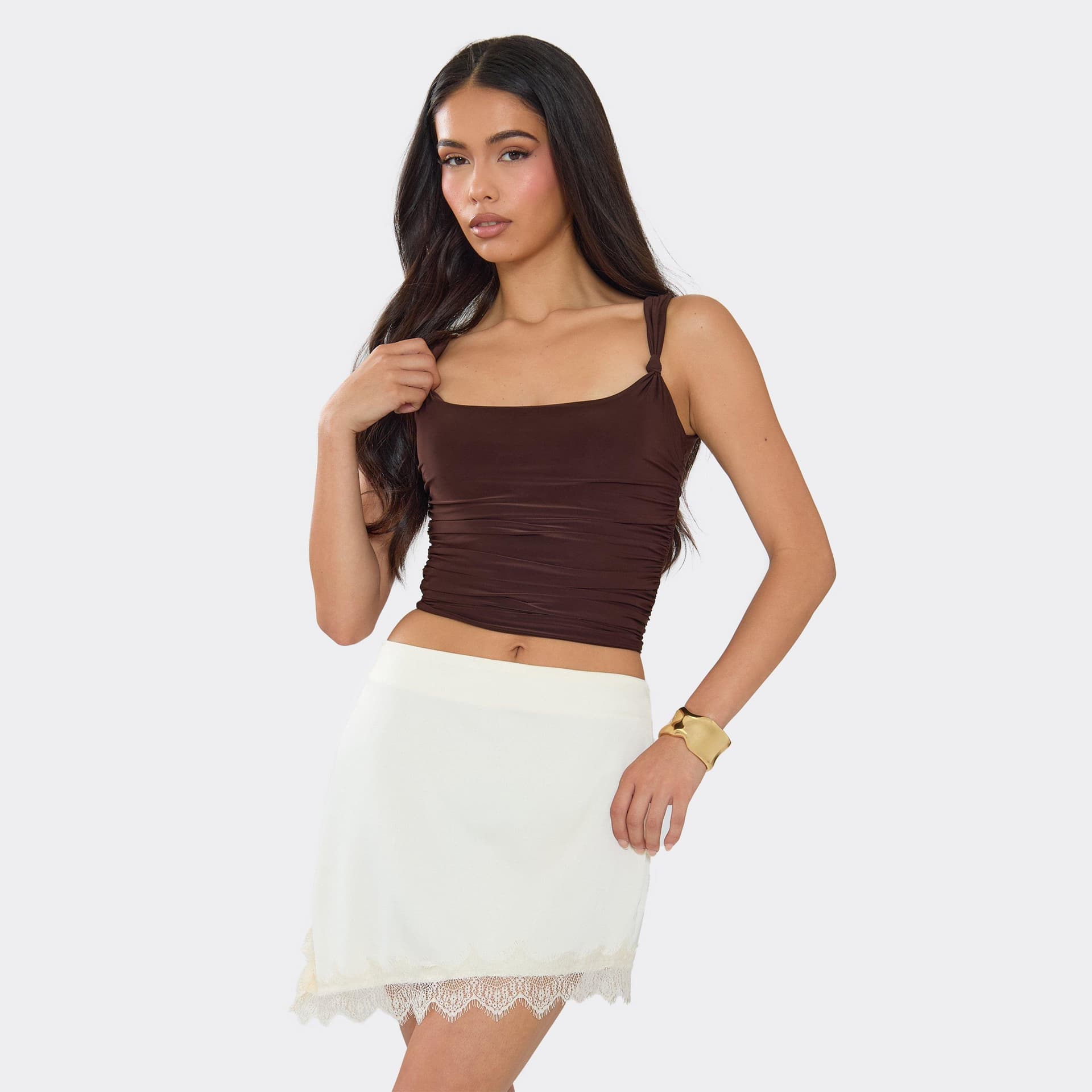 EGO Mid Rise Asymmetric Lace Trim Mini Skirt In Cream Satin, Women's Size UK 6