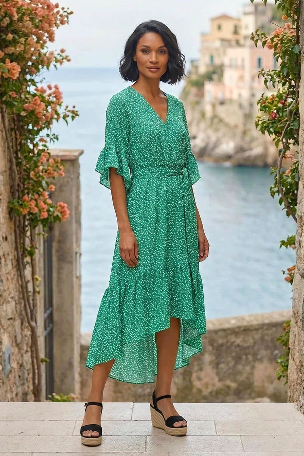 Dusk Dusk Women's Ditsy Floral Print Ruffle Midi Dress in Green