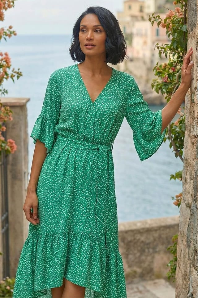 Dusk Dusk Women's Ditsy Floral Print Ruffle Midi Dress in Green - 2