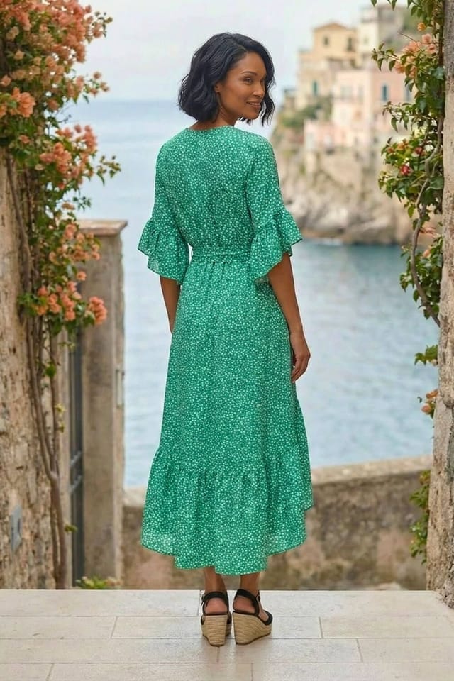 Dusk Dusk Women's Ditsy Floral Print Ruffle Midi Dress in Green - 3