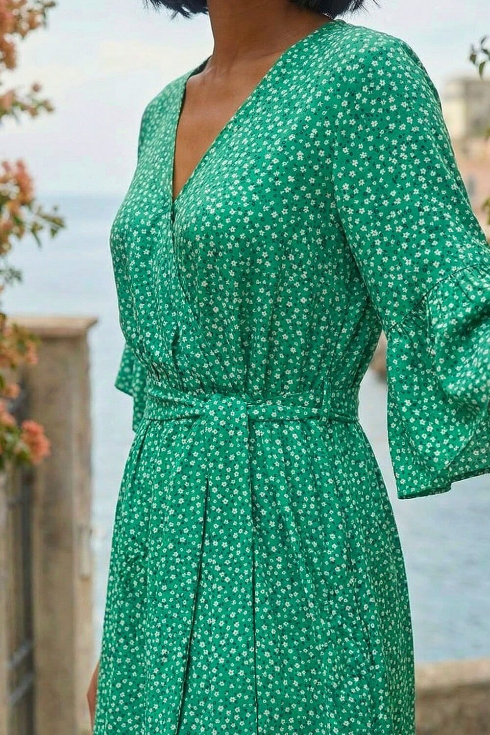 Dusk Dusk Women's Ditsy Floral Print Ruffle Midi Dress in Green - 4
